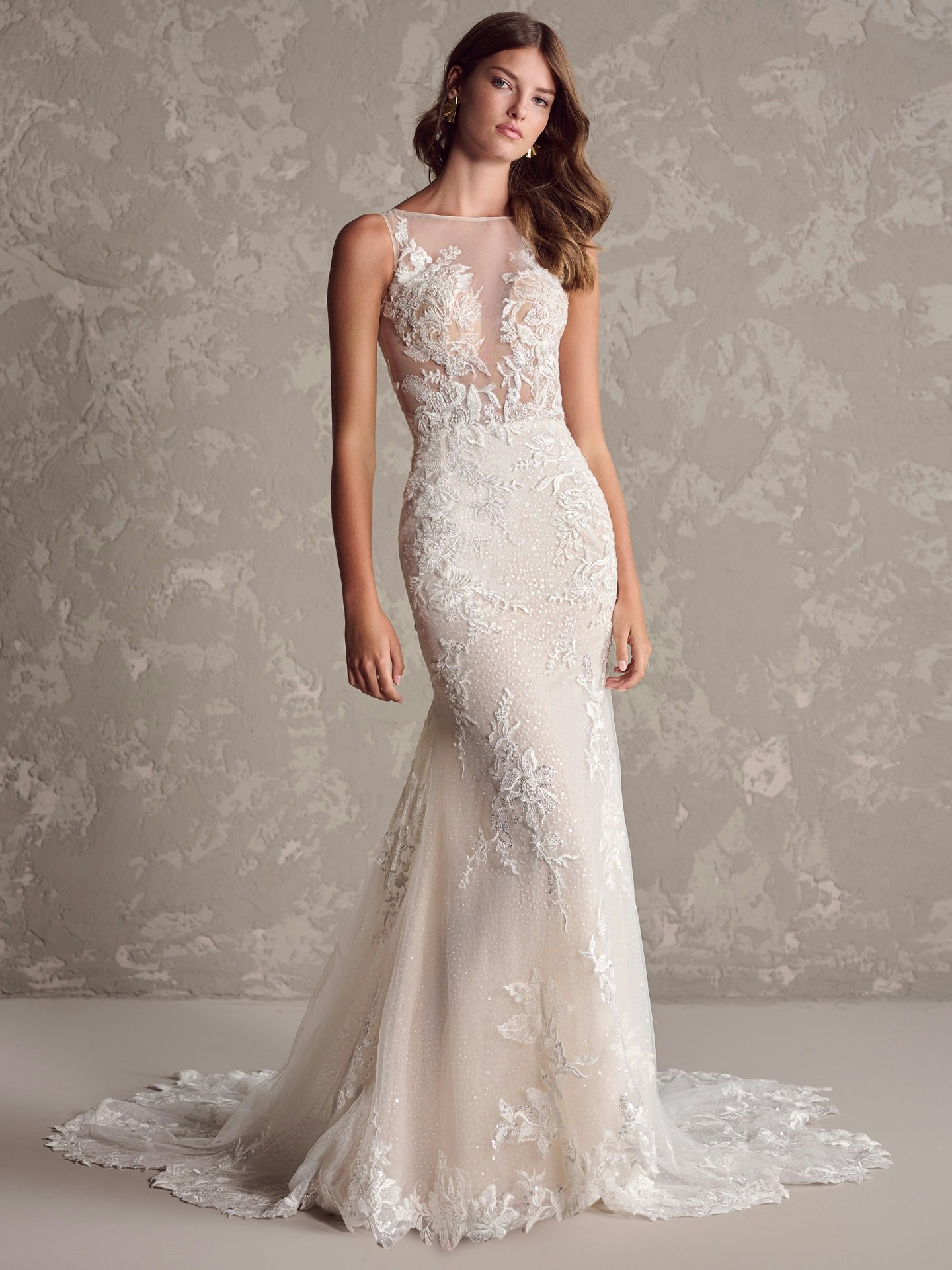 Elegant Lace Illusion Sleeve Floor-length Bridal Gown with Cathedral Train  - UCenter Dress